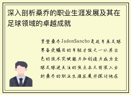 深入剖析桑乔的职业生涯发展及其在足球领域的卓越成就